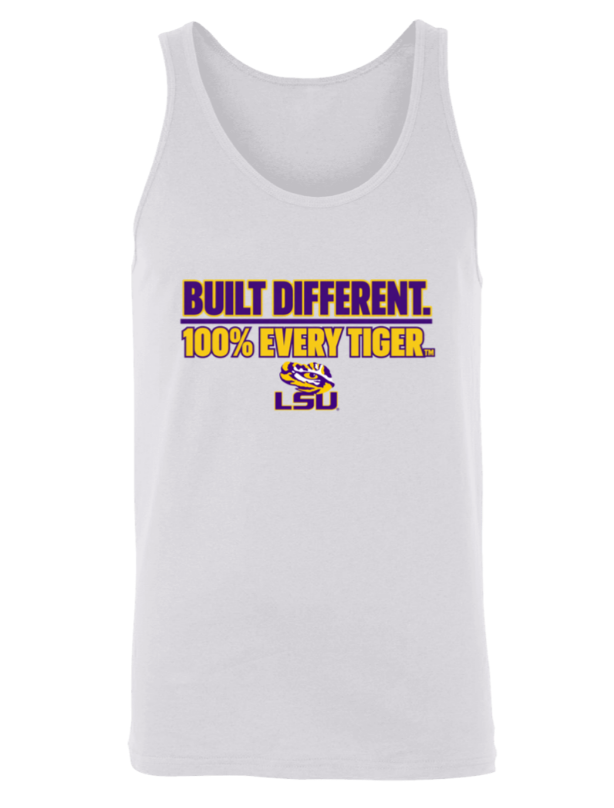 White tank top with purple and yellow LSU slogan: “Built Different. 100% Every Tiger.”