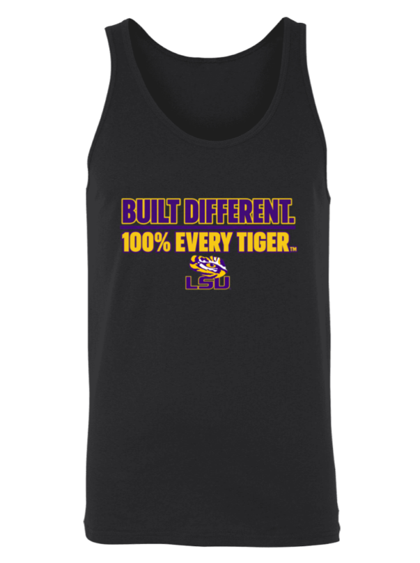 Black tank top with purple and yellow text: “BUILT DIFFERENT. 100% EVERY TIGER.”