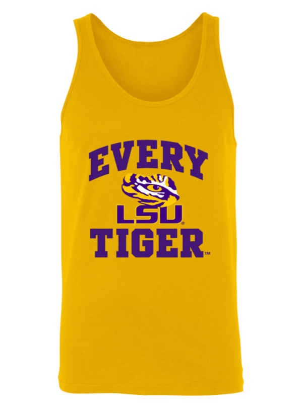 Gold LSU Tigers tank top with purple “EVERY LSU TIGER” text and logo.