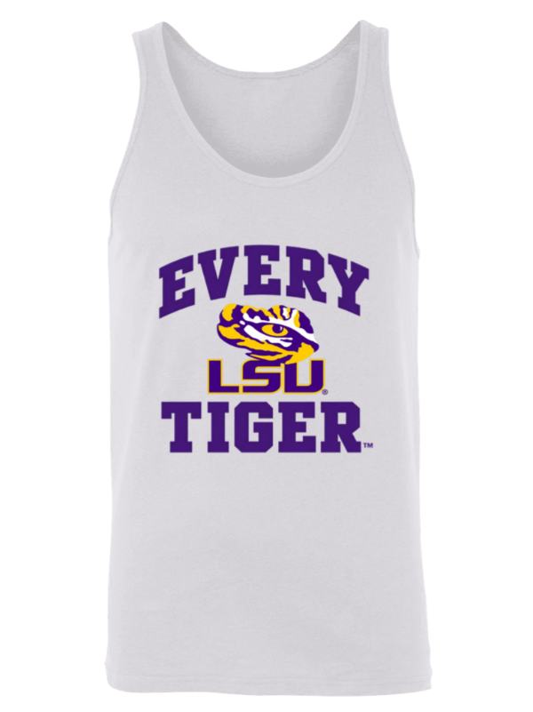 White tank top with purple LSU Tigers logo and “EVERY LSU TIGER” text
