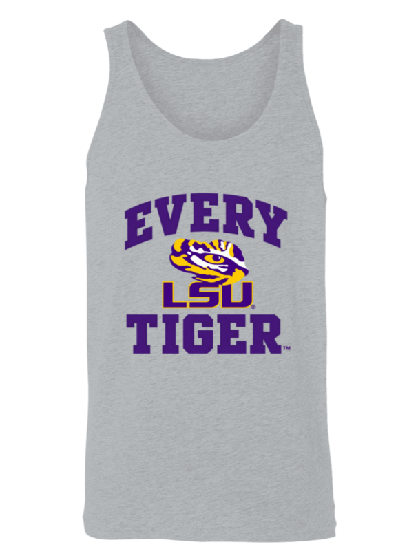 Gray tank top with purple “Every LSU Tiger” text and LSU logo on front