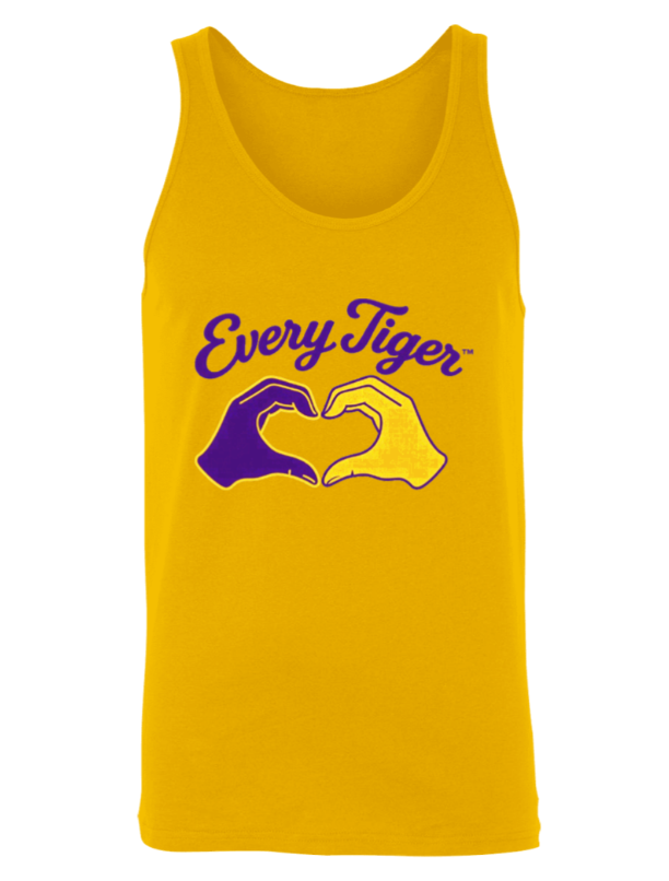 Yellow tank top with purple “Every Tiger” text and two tiger paw graphics