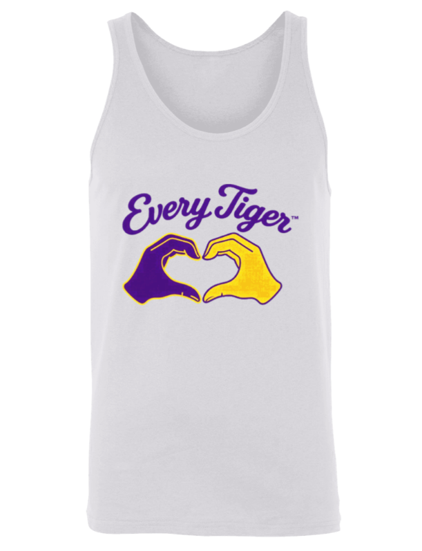 White tank top with purple and gold EveryTiger logo and heart-shaped hands graphic