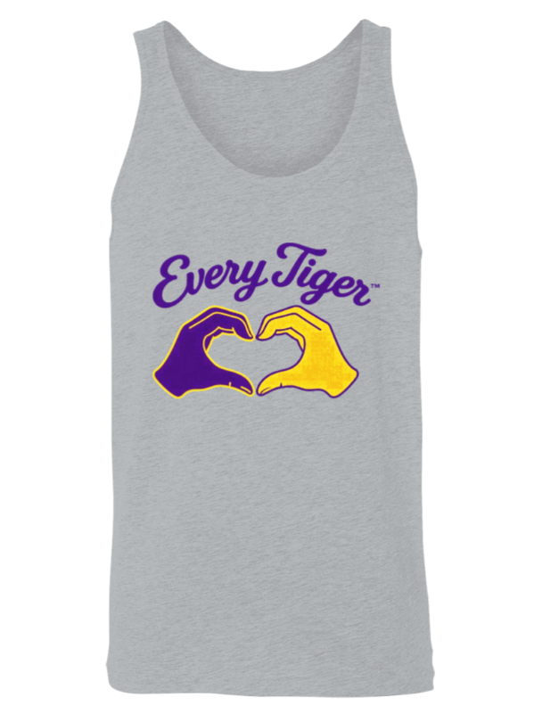 Gray tank top with purple and gold “Every Tiger” text and a tiger-shaped hand graphic