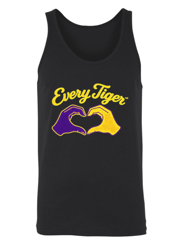 Black tank top with yellow “Every Tiger” text and purple-and-gold hand graphic on the front