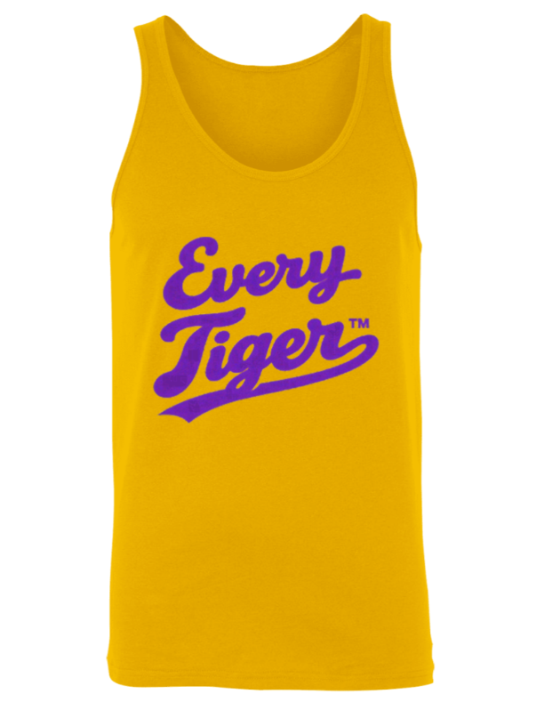 Yellow tank top with purple “Every Tiger” text logo