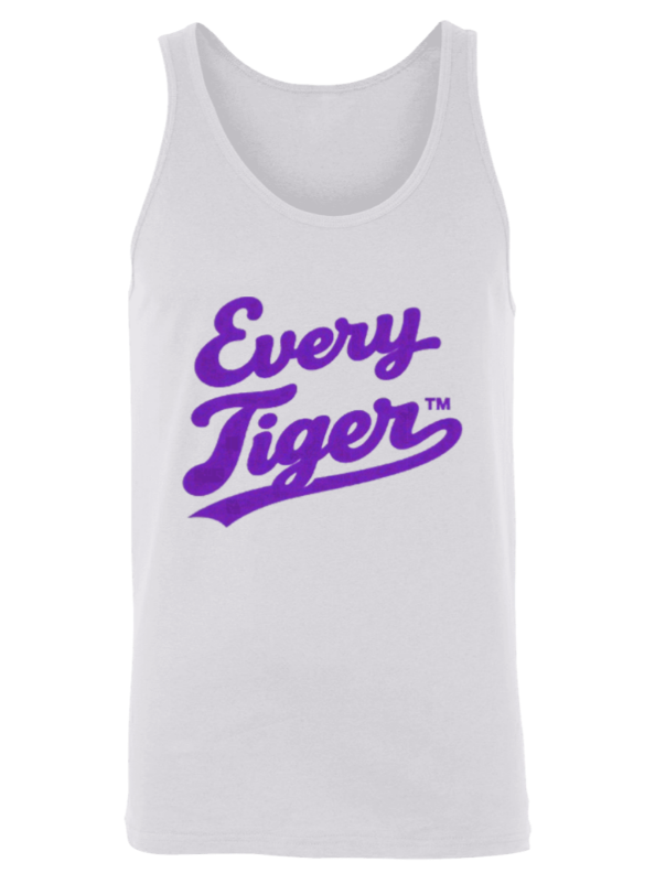 White tank top with purple “Every Tiger” script logo on the front