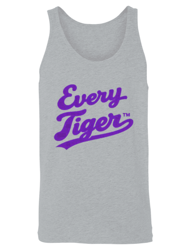 Gray tank top with purple “Every Tiger” script logo