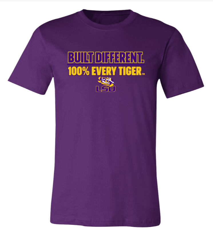 Purple T-shirt with yellow and white “Built Different. 100% Every Tiger.” text on the chest