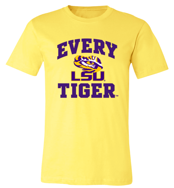 Yellow T-shirt with purple text reading “EVERY LSU TIGER” and a tiger logo.