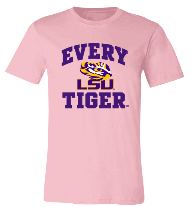 Pink T-shirt with purple “EVERY LSU TIGER” text and a tiger logo