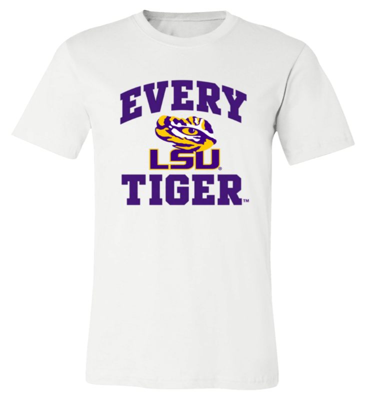 White T-shirt with purple “Every LSU Tiger” text and a tiger logo in the center.