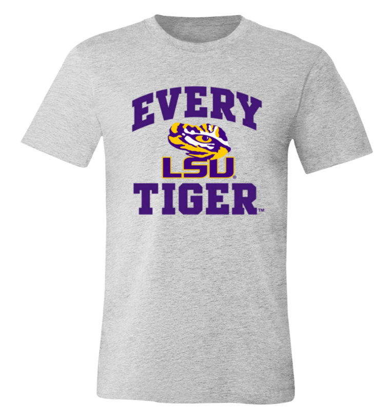 Gray T-shirt with purple “Every LSU Tiger” text and LSU logo