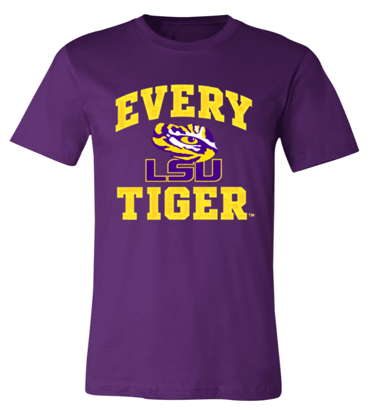 Purple LSU Tigers T-shirt with yellow “EVERY TIGER” text and tiger logo