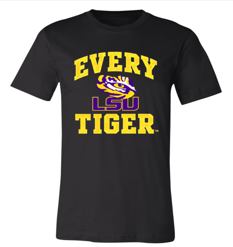 Black LSU Tigers T-shirt with purple and gold “EVERY LSU TIGER” text and tiger logo