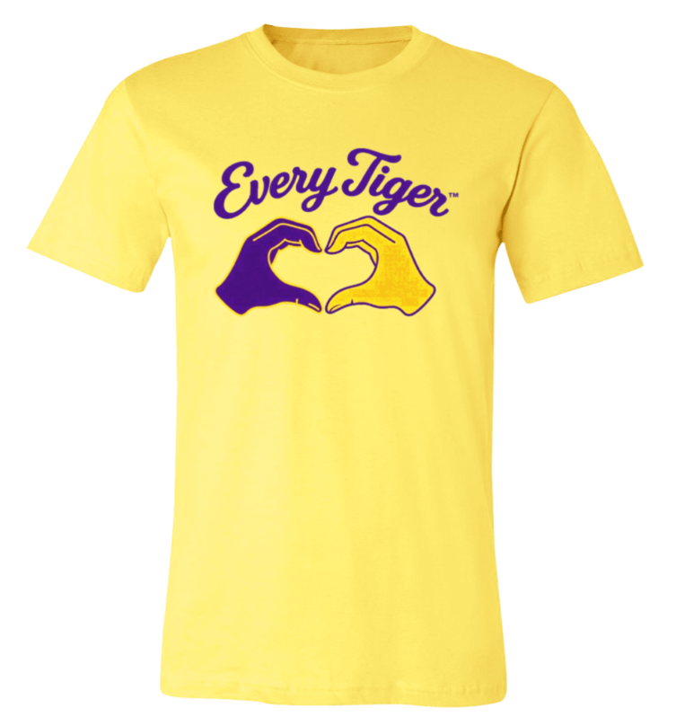 Yellow T-shirt with purple and gold “Every Tiger” text and a hand-heart graphic