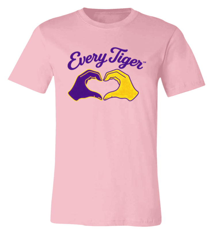 Pink T-shirt with “Every Tiger” text and two hands forming a heart in purple and yellow.