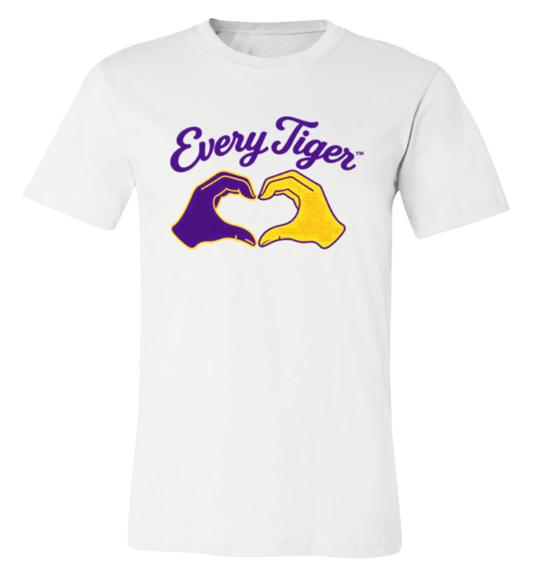 White T-shirt with “Every Tiger” text and two hands forming a heart in purple and gold