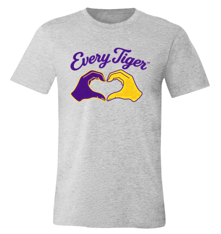 Gray T-shirt with purple “EveryTiger” text and two hands forming a heart in purple and gold