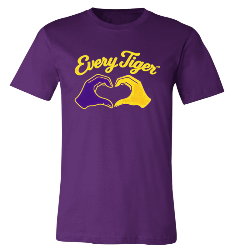 Purple T-shirt with “EveryTiger” text and two hands forming a heart in yellow and purple