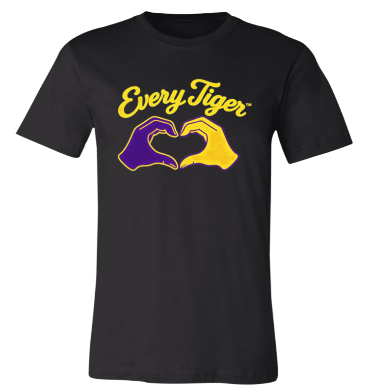 Black T-shirt with yellow “EveryTiger” text and purple-and-gold heart-shaped hands graphic