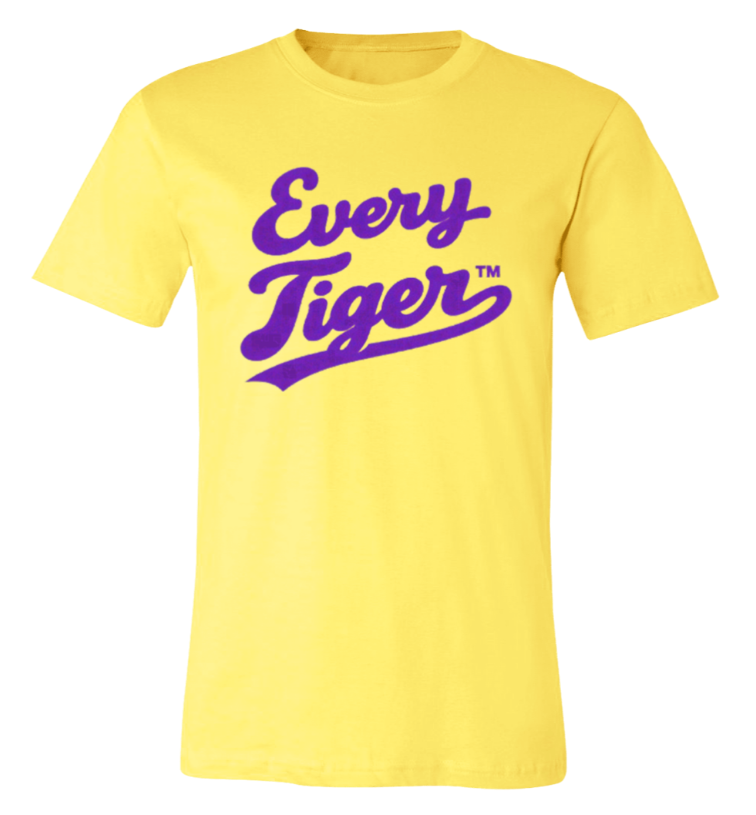 Yellow T-shirt with purple “Every Tiger” script logo on the front
