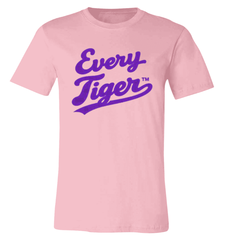 Pink T-shirt with purple “Every Tiger” text logo
