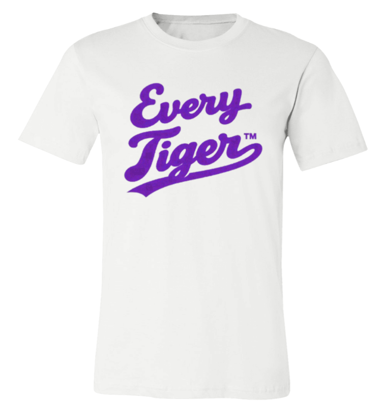 White T-shirt with purple “Every Tiger” script logo on the chest