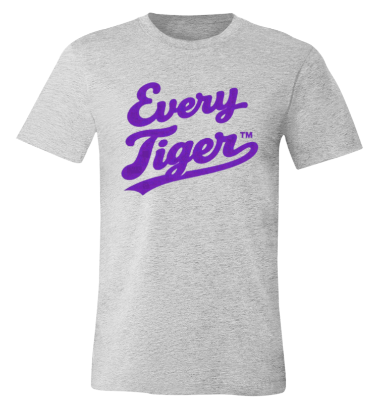 Light gray T-shirt with purple “Every Tiger” script logo on the chest