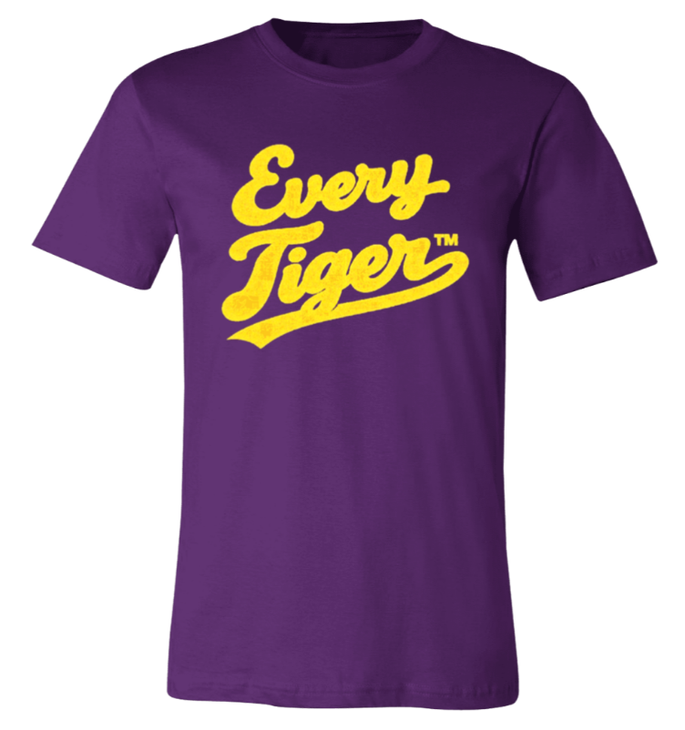Purple T-shirt with yellow “Every Tiger” script logo on the chest