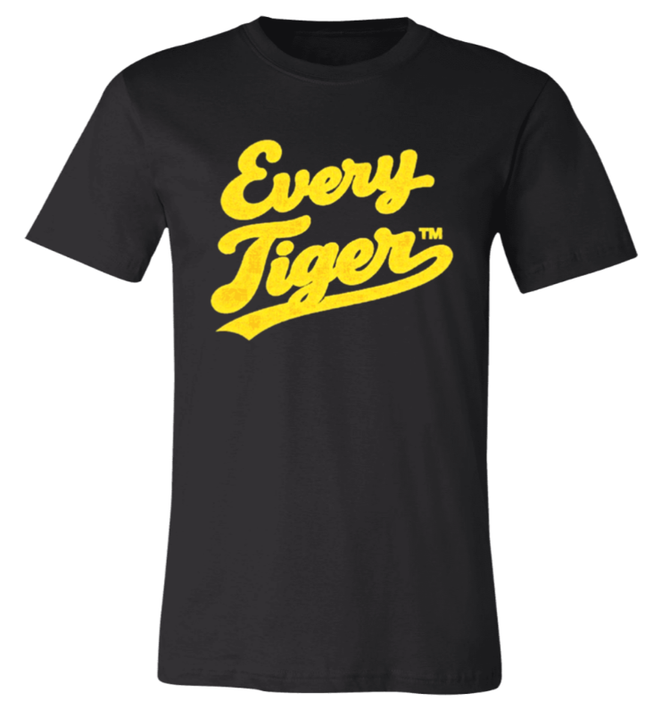 Black T-shirt with yellow “Every Tigers” lettering on the chest