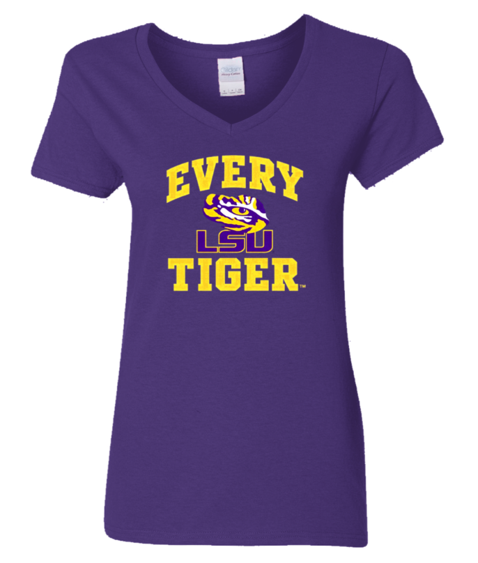 Purple V-neck T-shirt with yellow “Every LSU Tiger” text and LSU tiger logo