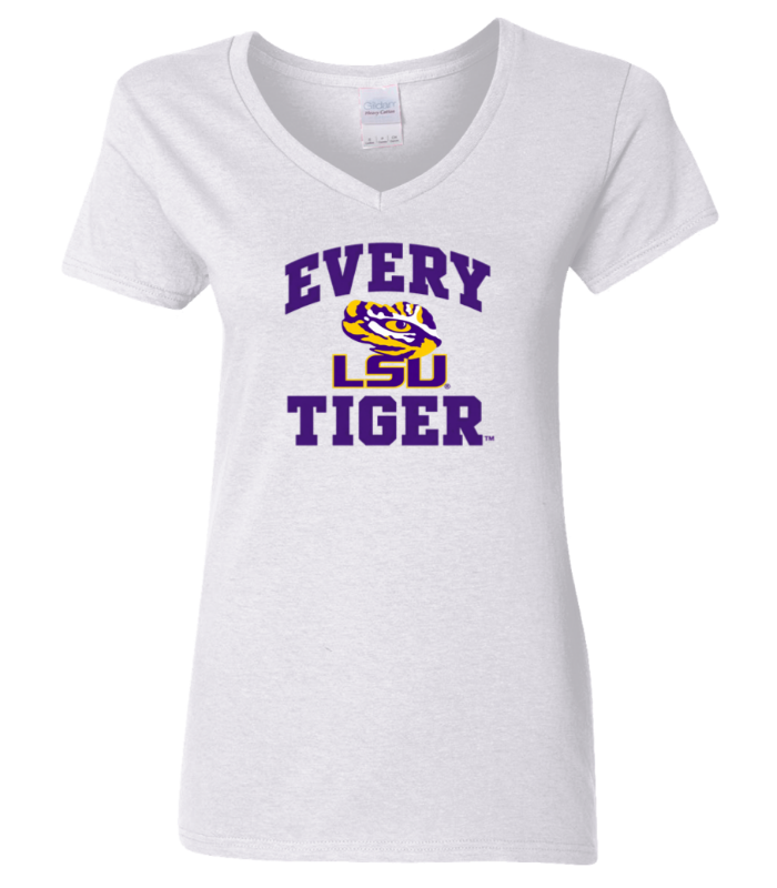 White V-neck T-shirt with purple “Every LSU Tiger” text and LSU tiger logo at center
