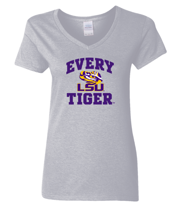 Light gray V-neck T-shirt with purple “Every LSU Tiger” text and LSU tiger logo