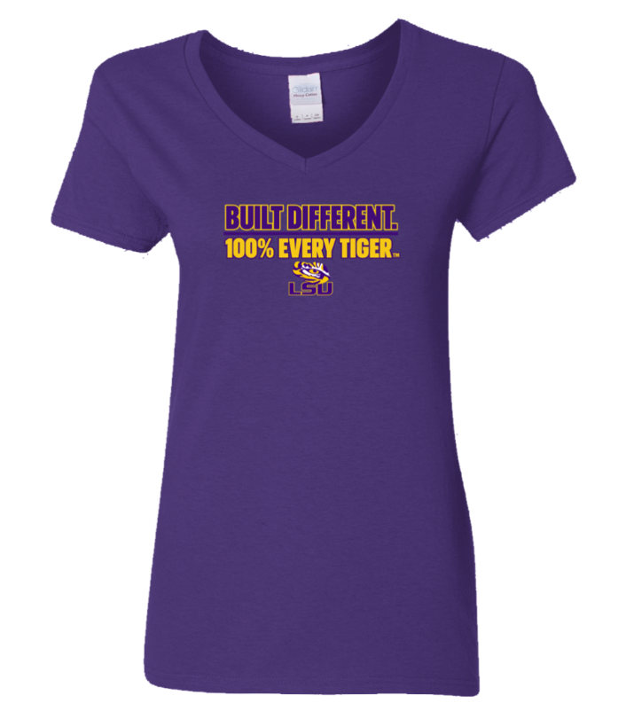 Purple V-neck T-shirt with “BUILT DIFFERENT. 100% EVERY TIGER.” LSU graphic on the chest