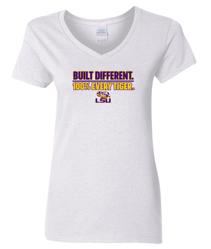 White V-neck T-shirt with purple and gold LSU text: “BUILT DIFFERENT. 100% EVERY TIGER.”