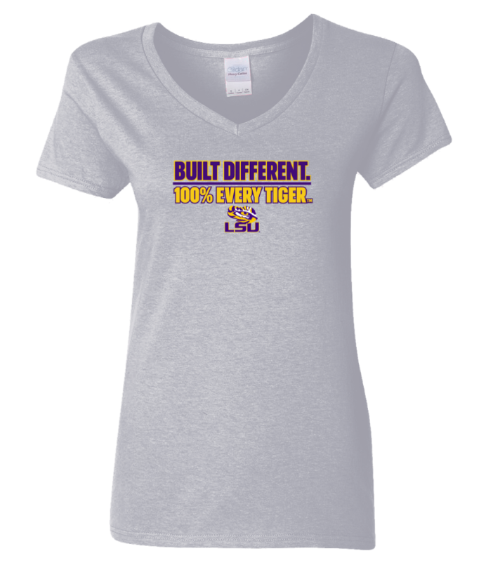 Gray V-neck T-shirt with LSU “Built Different. 100% Every Tiger.” logo
