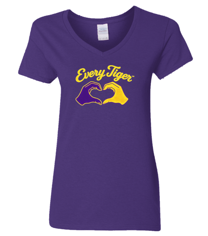 Purple V-neck T-shirt with a yellow and white “Every Tiger” graphic and paw print design on the chest