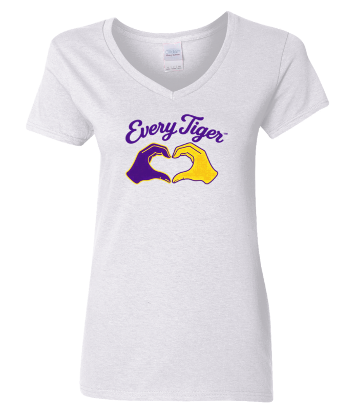 White V-neck T-shirt with purple "Every Tiger" text and two hands forming a heart in purple and gold