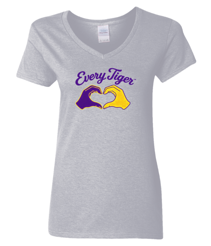 Gray V-neck T-shirt with purple “Every Tiger” text and two hands forming a heart in purple and yellow
