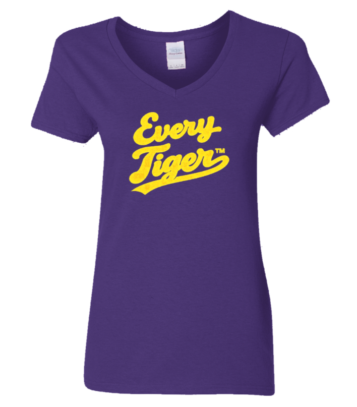Purple V-neck T-shirt with yellow “Every Tiger” text and logo