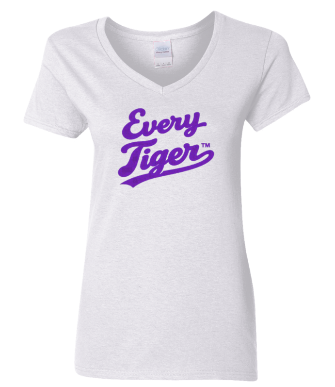 White V-neck T-shirt with purple “Every Tigers” script logo on the front