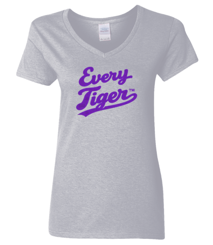 Light gray V-neck T-shirt with purple “Every Tiger” script logo on the front
