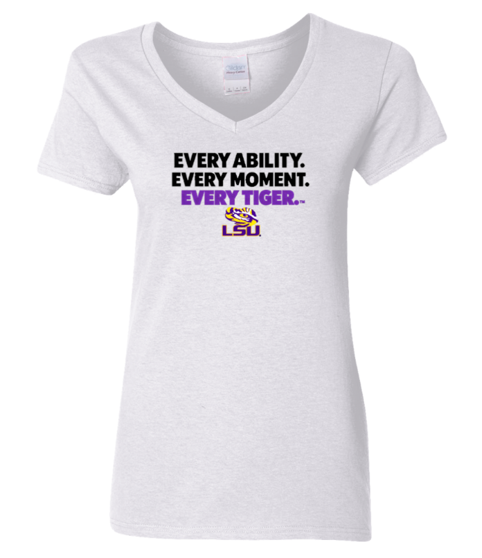 White V-neck T-shirt with LSU slogan, “Every ability. Every moment. Every tiger.”