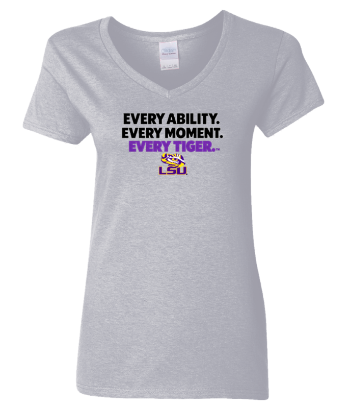 Light gray V-neck T-shirt with LSU slogan in white and purple text on the front