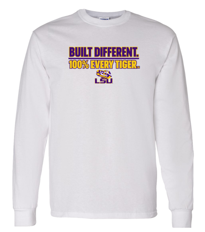 White long-sleeve LSU shirt with purple and gold “Built Different. 100% Every Tiger.” text and logo