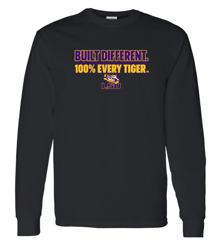 Black LSU long-sleeve shirt with purple and gold “Built Different. 100% Every Tiger.” text and LSU logo