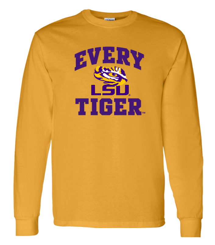 Gold LSU Tigers long-sleeve shirt with purple “EVERY TIGER” text and tiger logo.