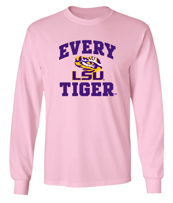 Pink long-sleeve shirt with purple “EVERY LSU TIGER” graphic and LSU tiger logo
