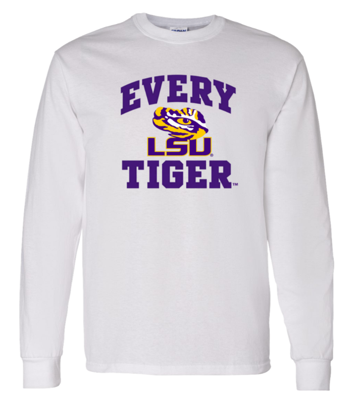 White long-sleeve shirt with purple LSU Tiger logo and “EVERY LSU TIGER” text